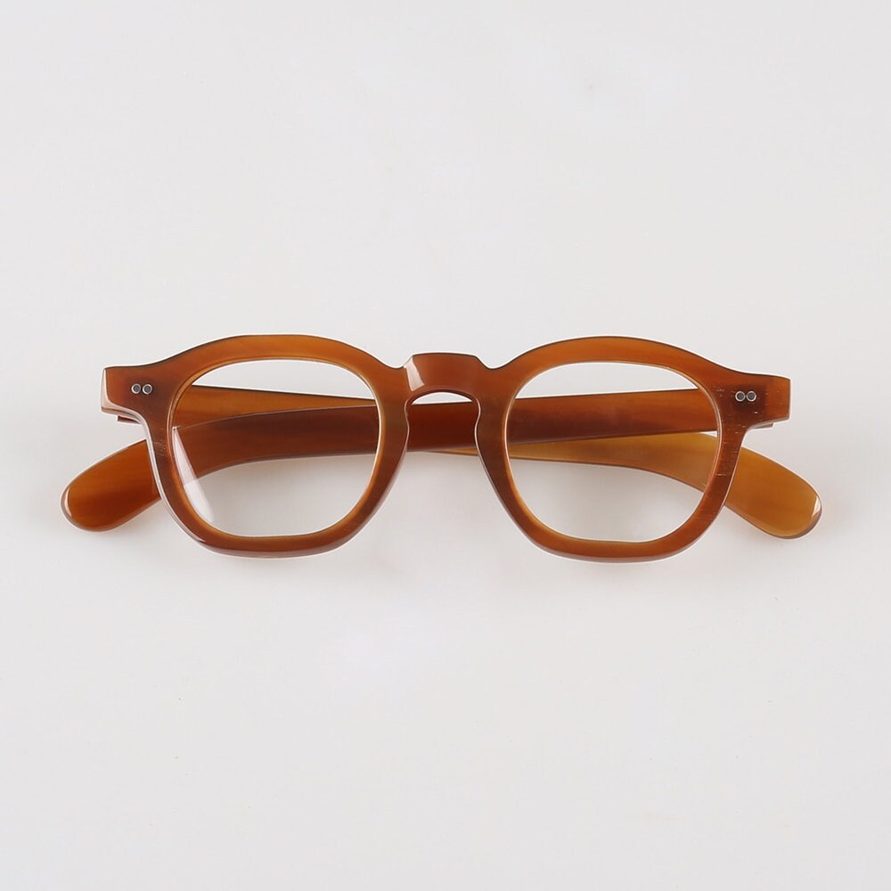 Genuine Natural Horn Handmade Woody Allen Style Glasses Frames - Amber Color - Rivets- Men - Women - 100% Genuine Bull Horn