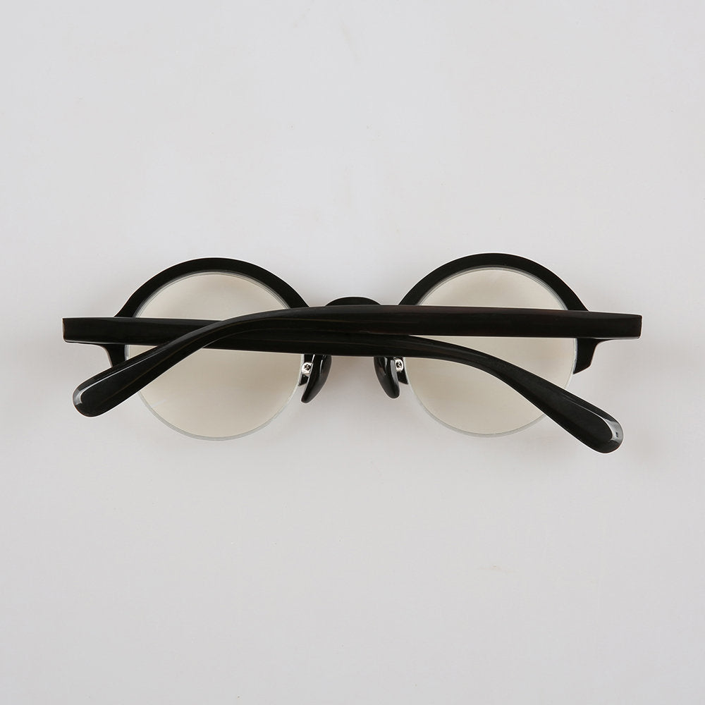 Genuine Natural Horn Handmade Large Round Half Rim Glasses Frames Sunglasses - Nose Pads - Piano Black Polished - Men - Women